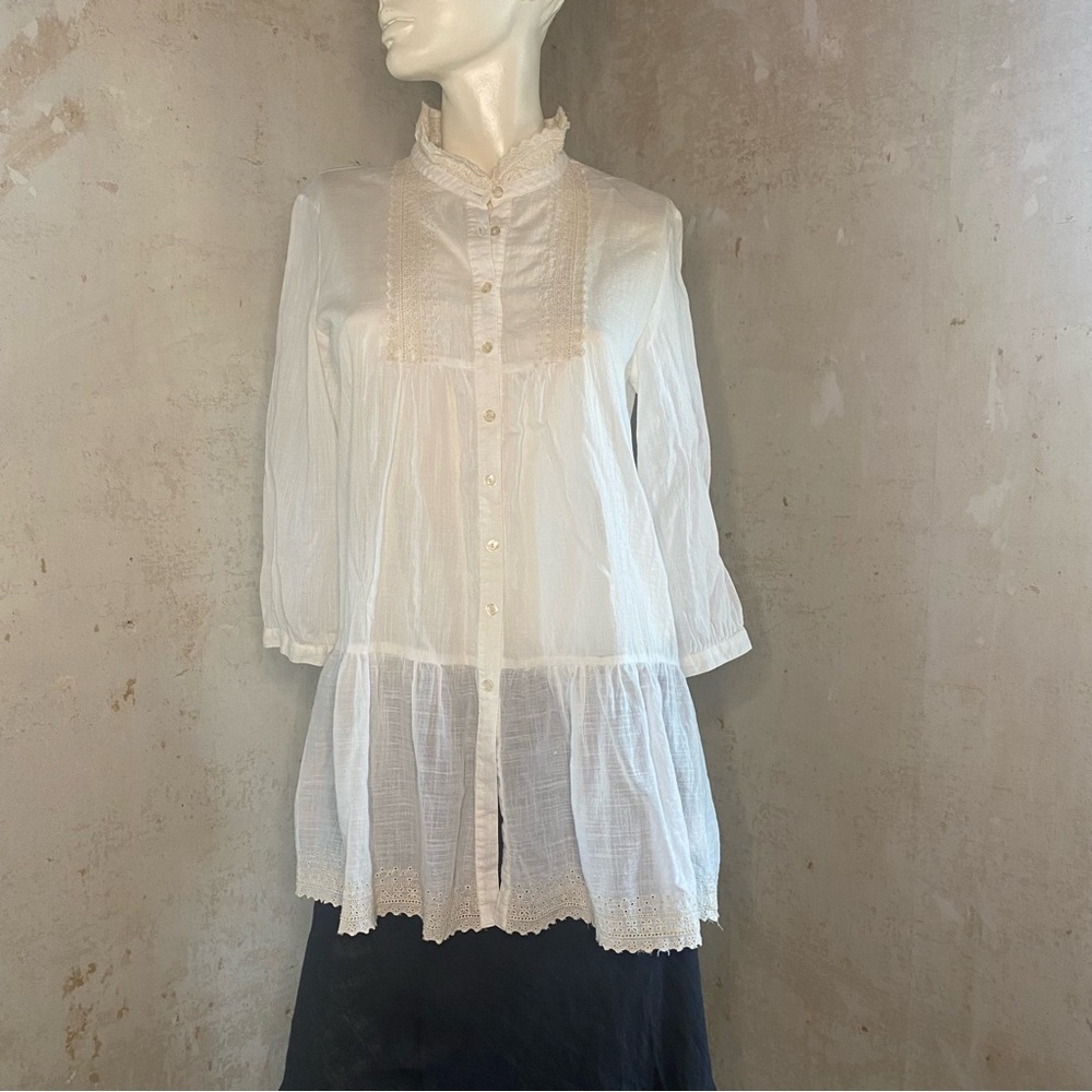 Free People Vintage White Lace Trim Blouse Button-down Tunic